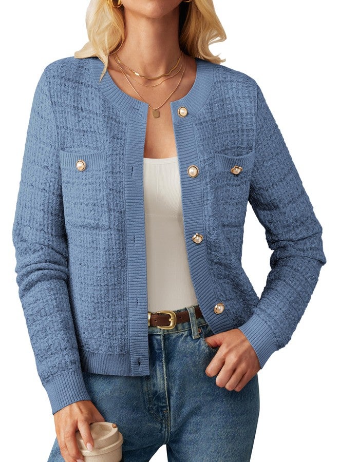 GRACE KARIN Women's Long Sleeve Cardigans Open Front Button Down Sweaters Outerwear Tweed Knit Cute Lady Jacket 2025 Light Blue - Image 1